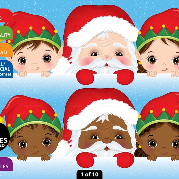 Peekaboo Christmas Clipart, Vector Peek, Merry Christmas, Xmas PNG, Cute Character, African American, Peeking Santa, Holiday, Elf Clip Art