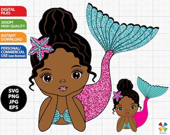 Mermaid svg, Fish Girl Clipart, African American svg, Sublimation, Vector Mermaid, Cutting Files, Glitter Mermaid PNG, SVG Files for Cricut