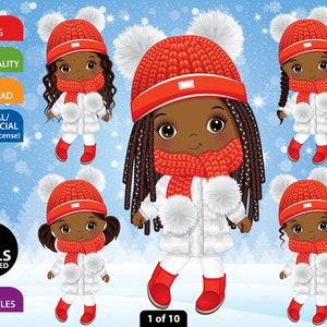 Christmas Girl Clipart, Vektor Little Girl, Puppe, Afro Charakter, Winter, Schwarzes Kind, Süßes Kleinkind PNG, Pom, Knit, Rot, Cool Kid Clip Art