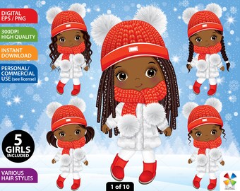 Christmas Girl Clipart, Vector Little Girl, Doll, Afro Character, Winter, Black Child, Cute Toddler PNG, Pom, Knit, Red, Cool Kid Clip Art