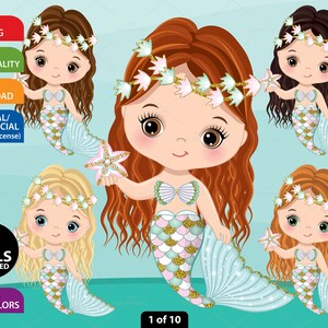 Glitter Mermaid Clipart, Vector Girl Clipart, Baby Mermaid, PNG Mermaid, Cute Mermaid, Sublimation Graphics, Character Mermaid Clip Art