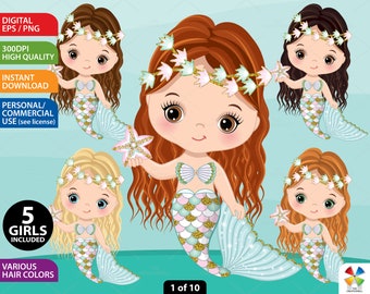 Glitter Mermaid Clipart, Vector Girl Clipart, Baby Mermaid, PNG Mermaid, Cute Mermaid, Sublimation Graphics, Character Mermaid Clip Art