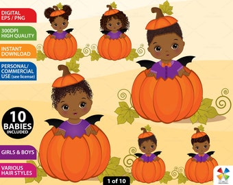 Halloween Baby Clipart, Vector Little Pumpkin, 1st Halloween, Black Baby Shower, African American PNG, Afro, Baby in Pumpkin Clip Art
