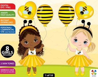 Bee Clipart - Vector Bee Clipart, Girl Clipart, Bee Girls Clipart, Little Girl Clipart, Sticker Clipart, Bee Clipart, Bee Girls Clip Art