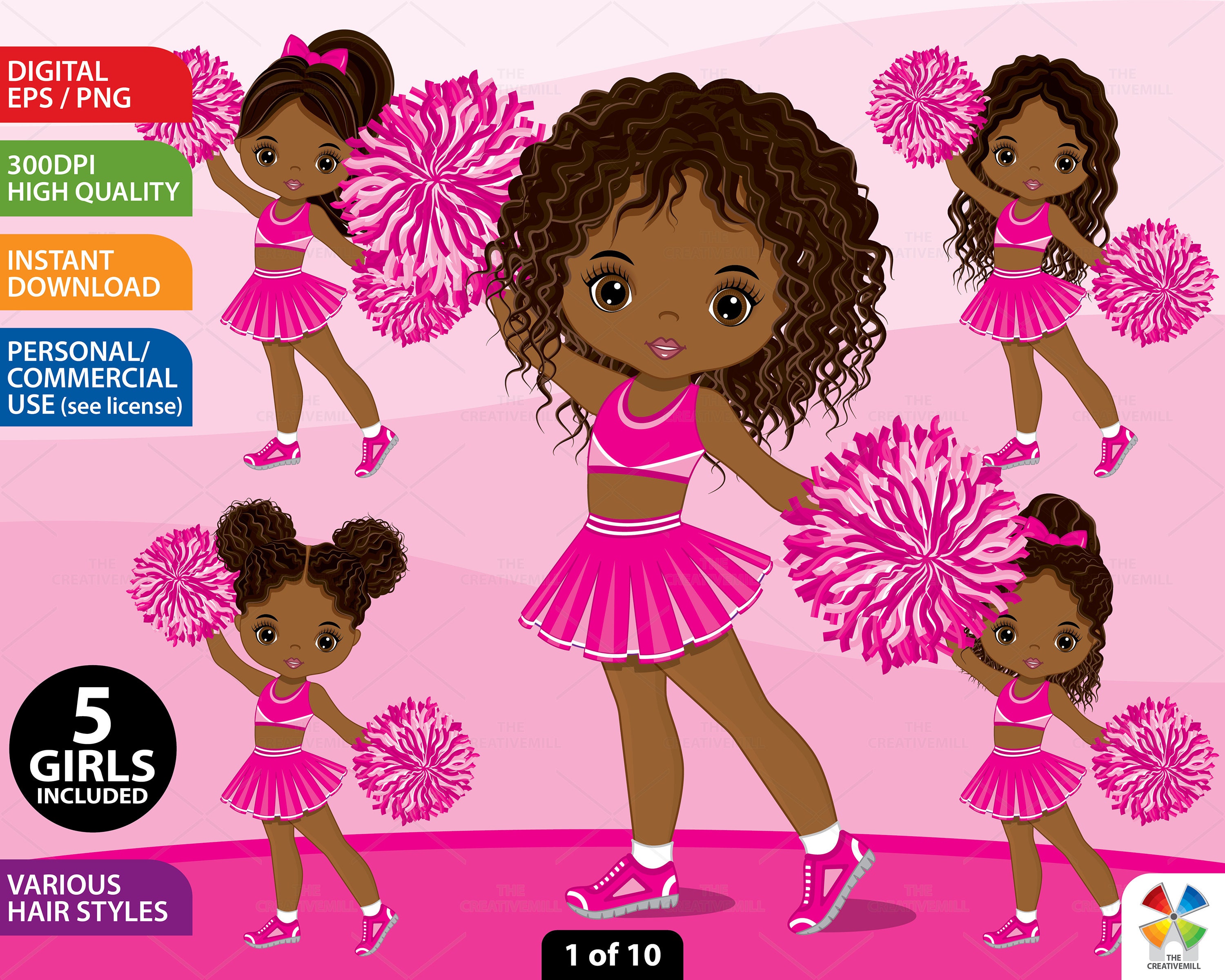 Pink Cheerleader Clipart, Vector Pom Pom, Sport, Black Cheerleader PNG,  Afro Girl Graphics, African American, Sublimation, Girl Clip Art 