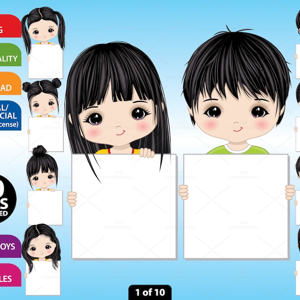 Asian Kids Holding Frames Clipart, Vector School, Students, Chinese Kid, Multi-cultural Clipart, Korean Children, Japanese Child Clip Art