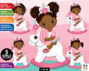 Black Baby Unicorn Clipart - Vector Unicorn Clipart, Baby Clipart, Little Girl Clipart, Cute Baby PNG, Princess Clipart, Afro Baby Clip Art