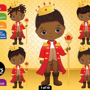 Little Prince Clipart, Vector Fairy Tale, Cute Boy, Black Prince, Royal PNG, Illustration, Instant Download, African American Clip Art