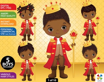 Little Prince Clipart, Vector Fairy Tale, Cute Boy, Black Prince, Royal PNG, Illustration, Instant Download, African American Clip Art