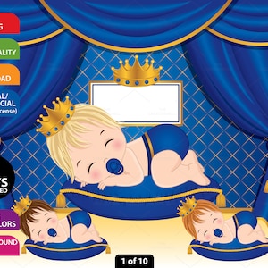 Baby Prince Clipart, Newborn, Royal Blue, Baby Shower, Little Prince, Cute Baby Boy, Crown Boy PNG, Royal Pillow, Sleeping Baby Clip Art
