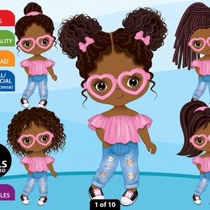 Cute Afro Girl Clipart, Vector Little Girl, Denim, Character, Jeans, Doll, Black Child, Toddler PNG, African American, Cool Kid Clip Art