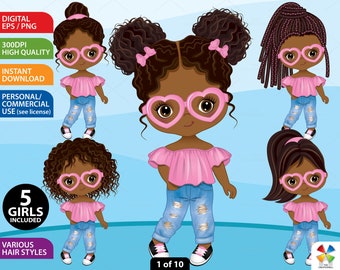Cute Afro Girl Clipart, Vector Little Girl, Denim, Character, Jeans, Doll, Black Child, Toddler PNG, African American, Cool Kid Clip Art