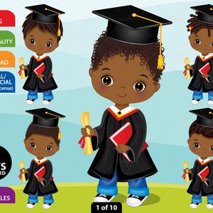 Boy Graduation Clipart, Vector Preschool, Student PNG, Kindergarten, Gown & Cap, Cute African American, Teacher School, Black Kid Clip Art
