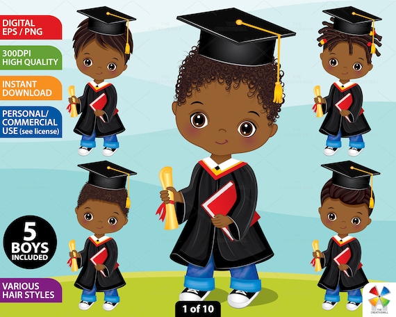 Boy Graduation Clipart, Vector Preschool, Student PNG, Kindergarten, Gown &  Cap, Cute African American, Teacher School, Black Kid Clip Art - Etsy  Finland
