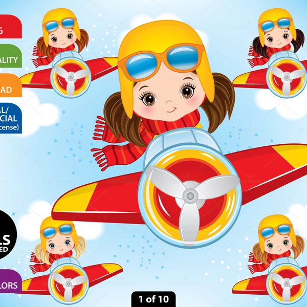 Pilot Girl Clipart, Vector Aviator, Cute Little Girl, Sport Kid, Activity, Flying, Airplane PNG, Sky, Character, Sublimation, Child Clip Art