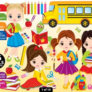 Back to School Clipart - Vector School Clipart, School Girls Clipart, School Clipart, Kids Clipart, Back to School Clip Art