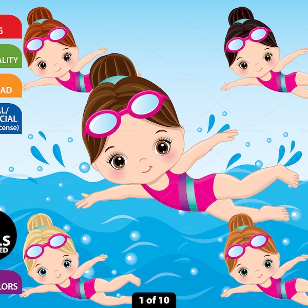 Clipart fille nageuse, nageuse vectorielle, petite fille mignonne, enfant sportif, activité piscine, tout-petit PNG, personnage, sublimation, image clipart enfant