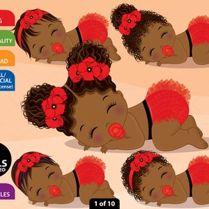 Poppy Baby Girl Clipart, Vector Newborn, Red Baby Clipart, Ruffled Diapert, African American, Black Baby Girl, PNG Sleeping Baby Clip Art