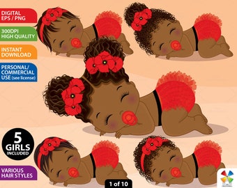 Poppy Baby Girl Clipart, Vector Newborn, Red Baby Clipart, Ruffled Diapert, African American, Black Baby Girl, PNG Sleeping Baby Clip Art