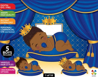 Baby Prince Clipart, Newborn, Royal Blue, Baby Shower, Little Prince, Black Baby Boy, Afro Boy PNG, African American, Sleeping Baby Clip Art