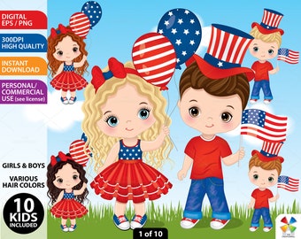 Happy 4th July Kid Clipart, Vector Patriotic, Cute Boy, Girl, USA, Independence Day, Infant, Character, Children PNG, Celebration Clip Art