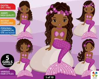 African American Mermaids Clipart - Vector Mermaids Clipart, Fish Girls Clipart, Mermaid Girl Clipart, Mermaid Clipart, Vector Mermaids