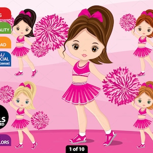 Pink Cheerleader Clipart, Vector Pom Pom, Sport, Cheerleader PNG, Cute Sport Girl Image, Caucasian, Blond, Sublimation, Character Clip Art