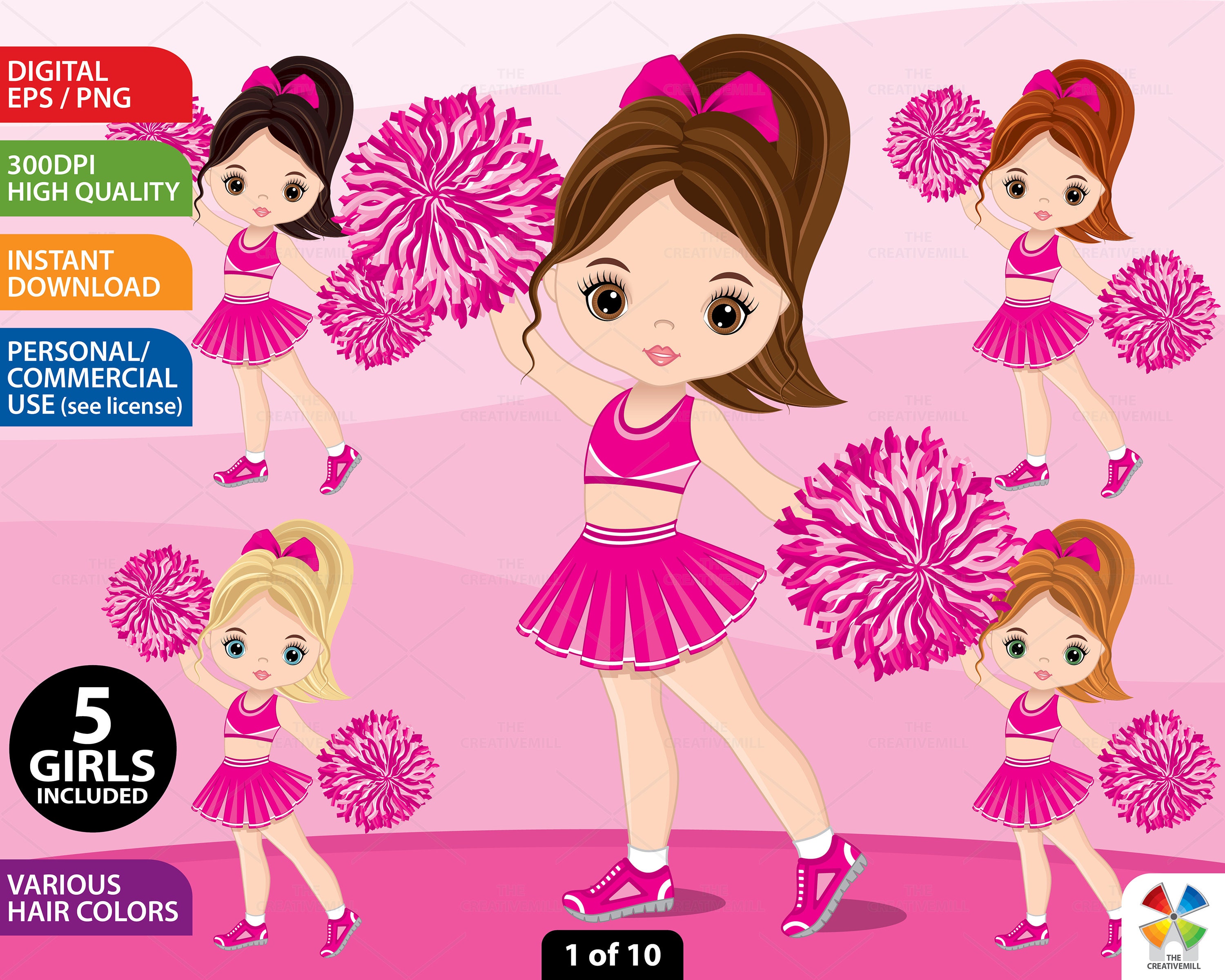 Pink Cheerleader Clipart, Vector Pom Pom, Sport, Cheerleader PNG, Cute  Sport Girl Image, Caucasian, Blond, Sublimation, Character Clip Art 