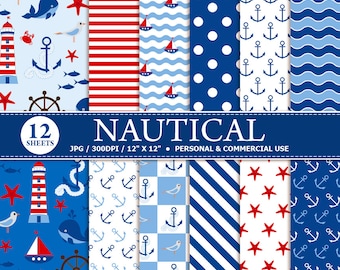 12 Nautical Digital Scrapbook Paper, digital paper patterns for card making, invitations, scrapbooking.