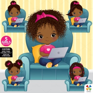 Homeschooling Clipart, Vector Distance Learning, Black Girl Study PNG, Girl with Laptop, Education, African American, Reading Girl Clip Art