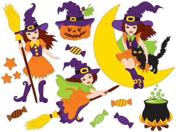 Halloween Witch Clipart Digital Vector Witch Moon Pot | Etsy