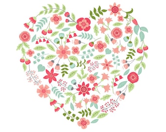 Floral Heart Clipart - Vector Floral Heart Clipart, Flower Heart Clipart, Flowers Heart Clipart, Wedding Heart Clipart, Heart Clip Art