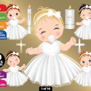 Baptism Baby Clipart, Vector Newborn, Christening, Caucasian, Toddler PNG, White Dress, Lace, Cute Baby Girl, Candle, Religious Clip Art