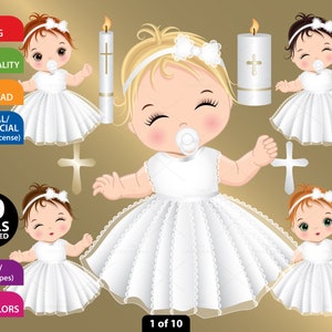 Taufe Baby Clipart, Vektor Neugeborene, Taufe, Kaukasier, Kleinkind PNG, weißes Kleid, Spitze, süßes Baby Mädchen, Kerze, religiöse Clip Art