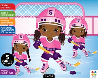 Hockey Girl Clipart, Vector Black Doll, Character, Sport, Winter Child, Activity, PNG, Ice Rink,  African American, Ice Skate Kid Clip Art