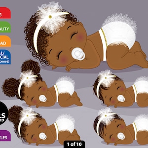Zwarte Baby Meisje Clipart, Vector Pasgeboren, Witte Baby Clipart, Glitter, Gegolfde Luier Clipart, Afro-Amerikaans, Slapend Baby Meisje Clip Art