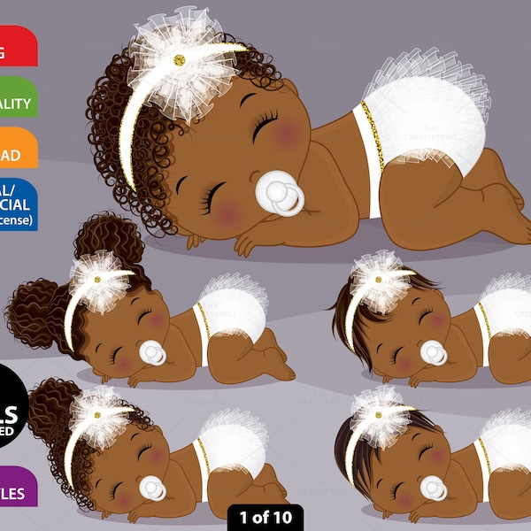 Clipart de bébé fille noire, nouveau-né vectoriel, clipart de bébé blanc, paillettes, clipart de couche ébouriffée, afro-américain, clipart de bébé fille endormi