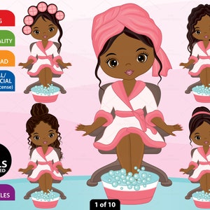African American Spa Girls Clipart - Vector Spa Girl, Spa Party Clipart, Spa Clipart, Makeup Clipart, Manucure Clipart, Beauty Clipart