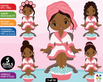 African American Spa Girls Clipart - Vector Spa Girl, Spa Party Clipart, Spa Clipart, Makeup Clipart, Manicure Clipart, Beauty Clipart