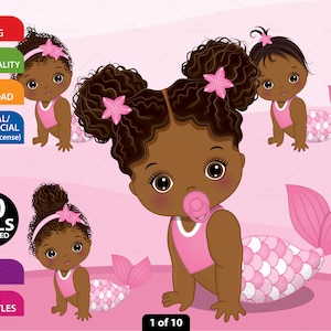 Black Baby Mermaid Clipart - Vector Newborn Clipart, Baby Girl Clipart, Baby Shower Clipart, Cute Mermaid Clipart, Afro Baby Girl Clipart