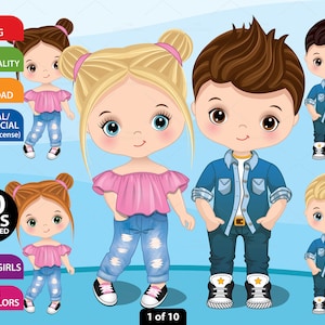 Kids in Jeans Clipart, Vector Cool Kids, Boy and Girl, Trendy, Dress Up Dolls, Child, Character, Cute Outfit PNG, Denim, Toddler Clip Art