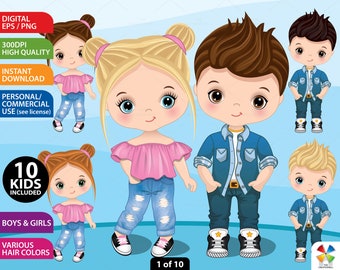 Kids in Jeans Clipart, Vector Cool Kids, Boy and Girl, Trendy, Dress Up Dolls, Child, Character, Cute Outfit PNG, Denim, Toddler Clip Art