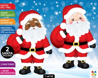 Santa Claus Clipart, Vector Santa, Merry Christmas, Xmas PNG, Cute Character, African American, Caucasian, Holiday, Afro Santa Clip Art