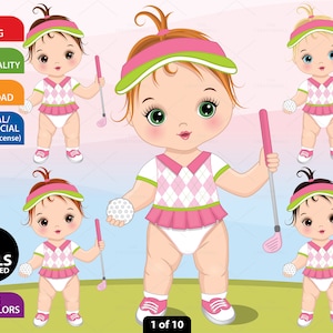 Golf Baby Girl Clipart - Vector Golf Clipart, Lindo Baby Girl Graphic, Sport Little Kid, Golf Baby 1 Year Old, Toddler PNG, Character Clipart