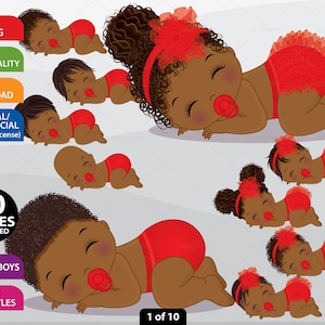 Roter Baby Clipart, Vektor Neugeborenen Clipart, Afro Baby Shower, Rüschen Windel, African American, Mädchen, Junge, PNG, Schwarz schlafende Baby ClipArt