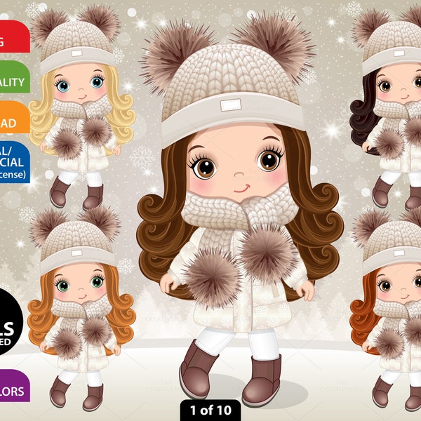 Ivory Winter Girl Clipart, Vector Little Girl, Doll, Character, Xmas, Christmas, Child, Cute Toddler PNG, Pom Pom, Knit, Cool Kid Clip Art