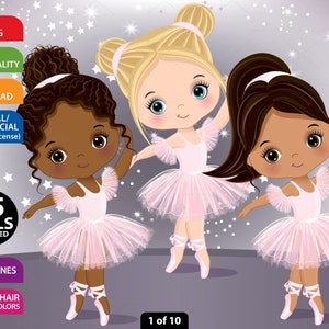 Ballerina Clipart Bundle, Vector Ballet Girls, PNG Dancer, Cute Doll, White Tutu, Mix Race, Caucasian, Latino, African American Clip Art