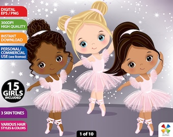 Ballerina Clipart Bundle, Vector Ballet Girls, PNG Dancer, Cute Doll, White Tutu, Mix Race, Caucasian, Latino, African American Clip Art