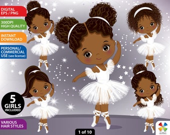 White Ballerina Clipart, Vector Ballerina, Ballet, Afro Puffs, Bun, White Tutu, PNG, Cute, Toddler, Princess, Black Ballerina Girl Clip Art