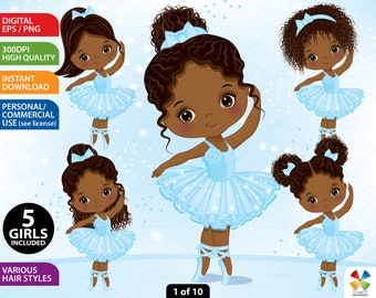 Little Ballerina Clipart, Vector Ballerina, Ballet, Afro Puffs, Bun, Blue Tutu, PNG, Cute, Toddler, Princess, Black Ballerina Girl Clip Art